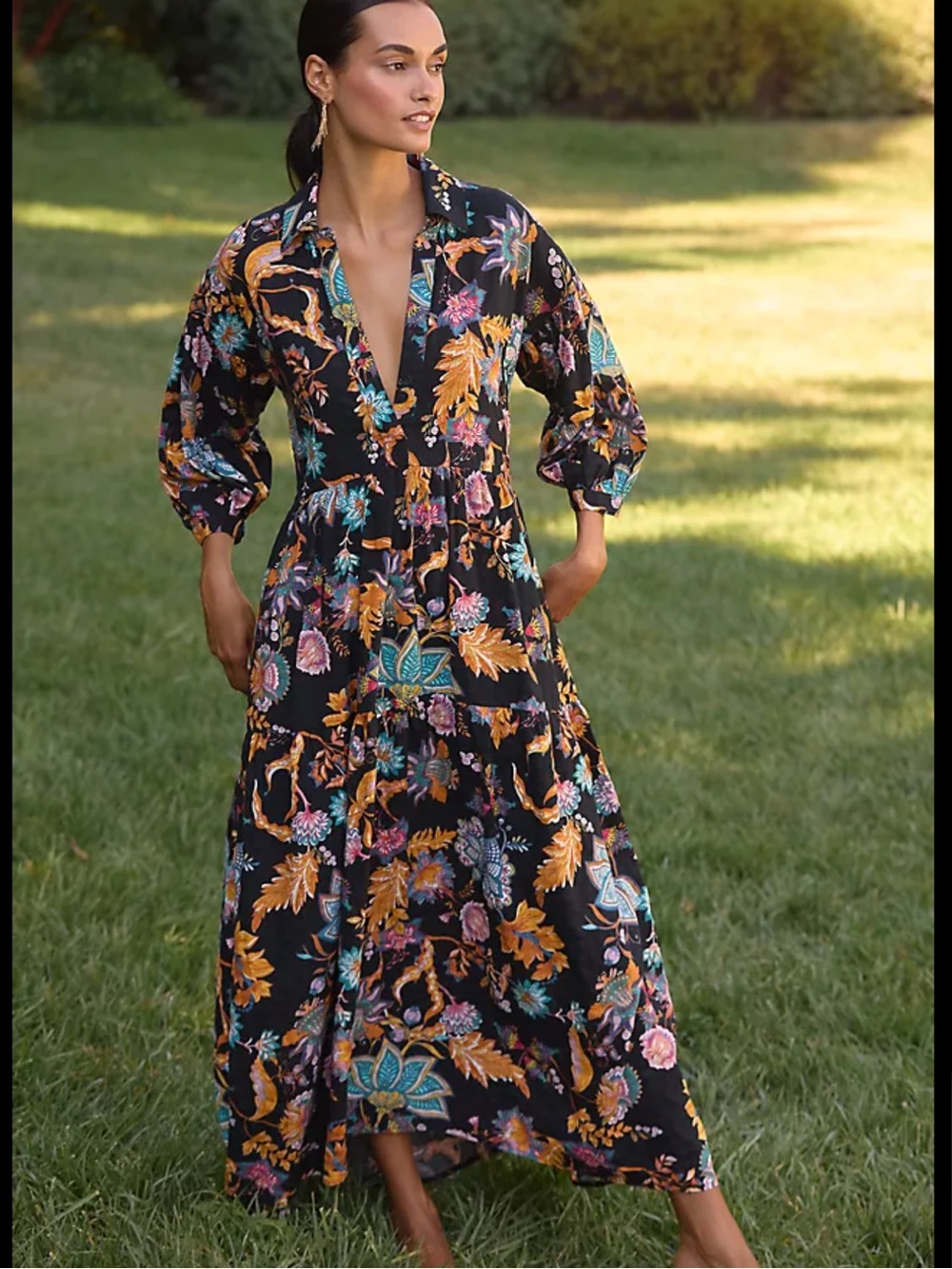 Anthropologie Carolita Black Floral Maxi Dress with Bold Botanical Print